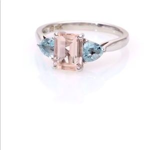 10k white gold morganite side stone ring with aquamarine stones